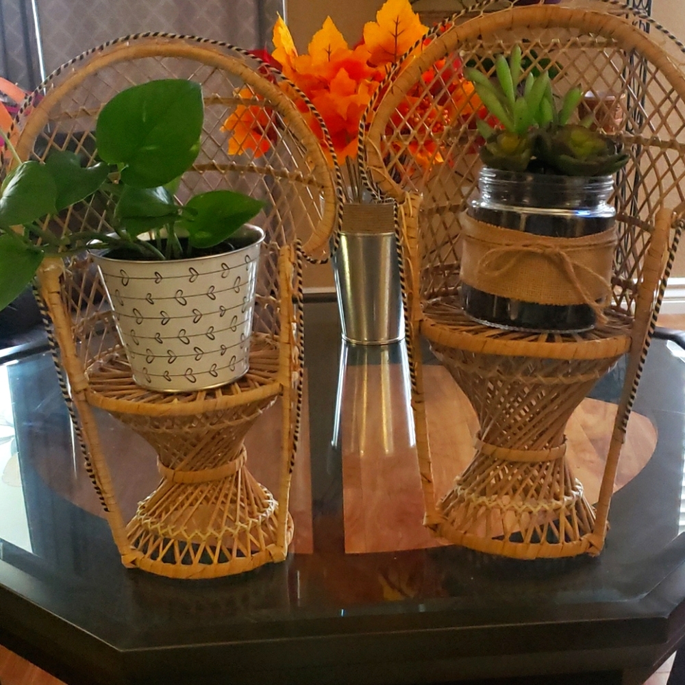 Vintage peacock chair. Wicker Rattan plant stands